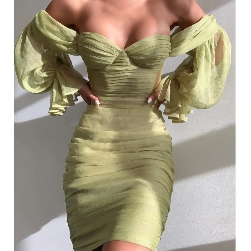 Miss Circle,Couture Clothier,Siren Olive, Silk Mesh,Lantern Sleeve Draping Dress